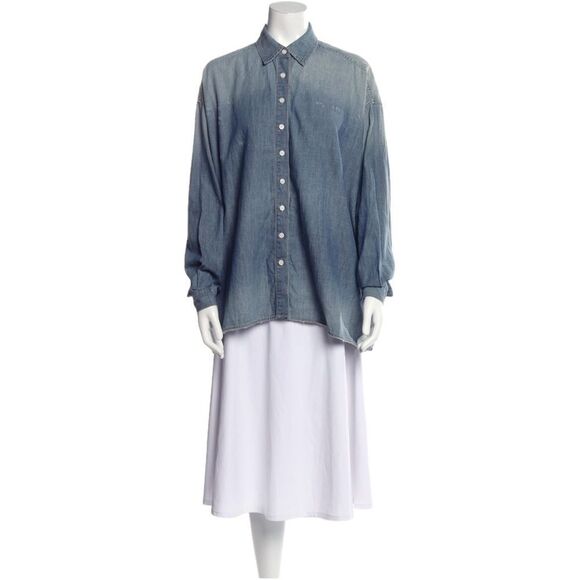 THE GREAT. The Big Oversized Distressed Chambray Shirt - Picture 1 of 11